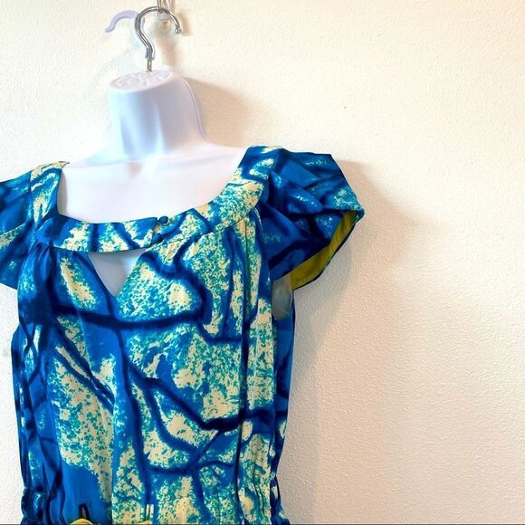 Yoana Baraschi Blue Dress With Chartreuse Accent Belt 100% Silk  Anthropologie - Picture 5 of 16